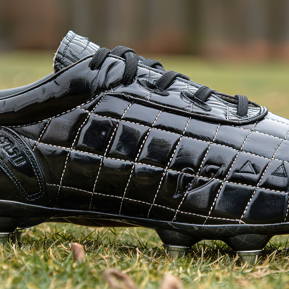 Black football shoe with stud conversion on grass field.