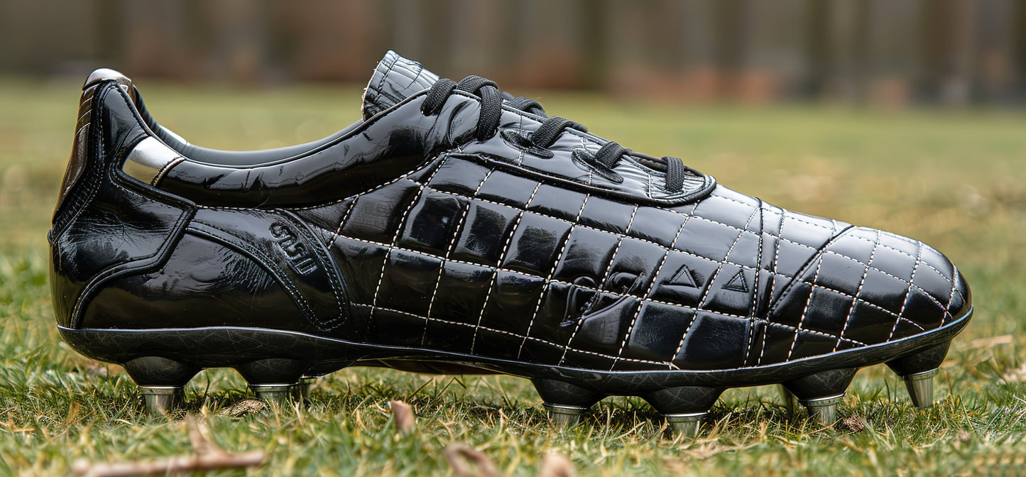 Black football shoe with stud conversion on grass field.