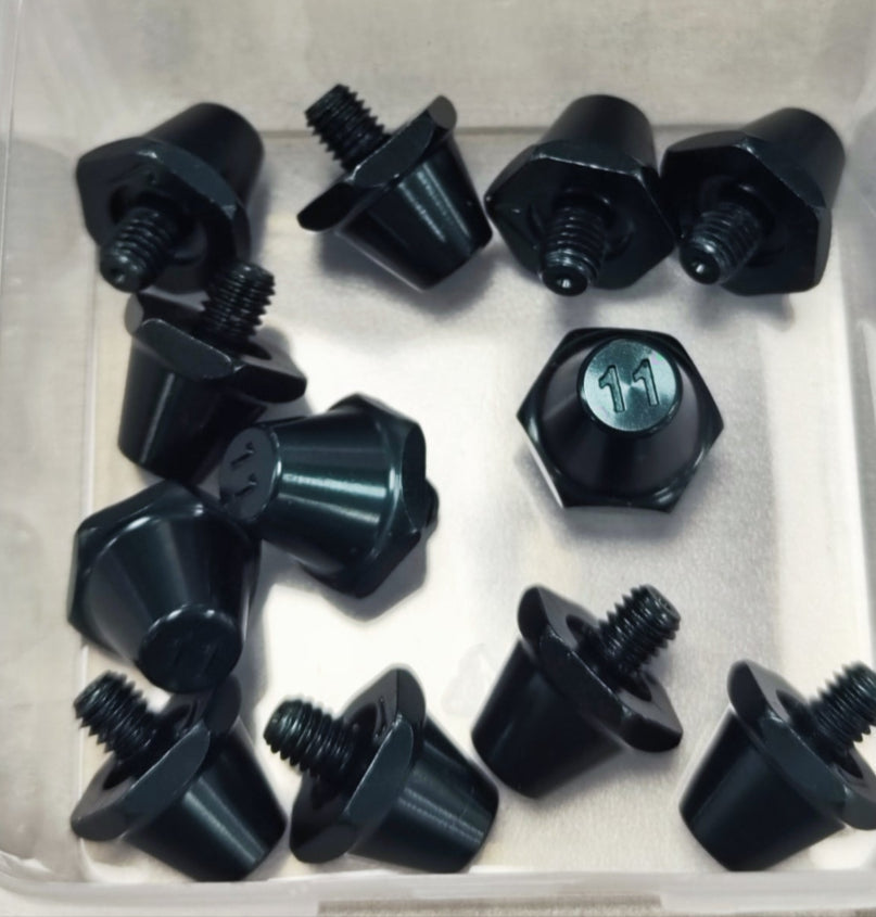 Replacement studs in black with included stud key, suitable for various boot sizes except Adidas.