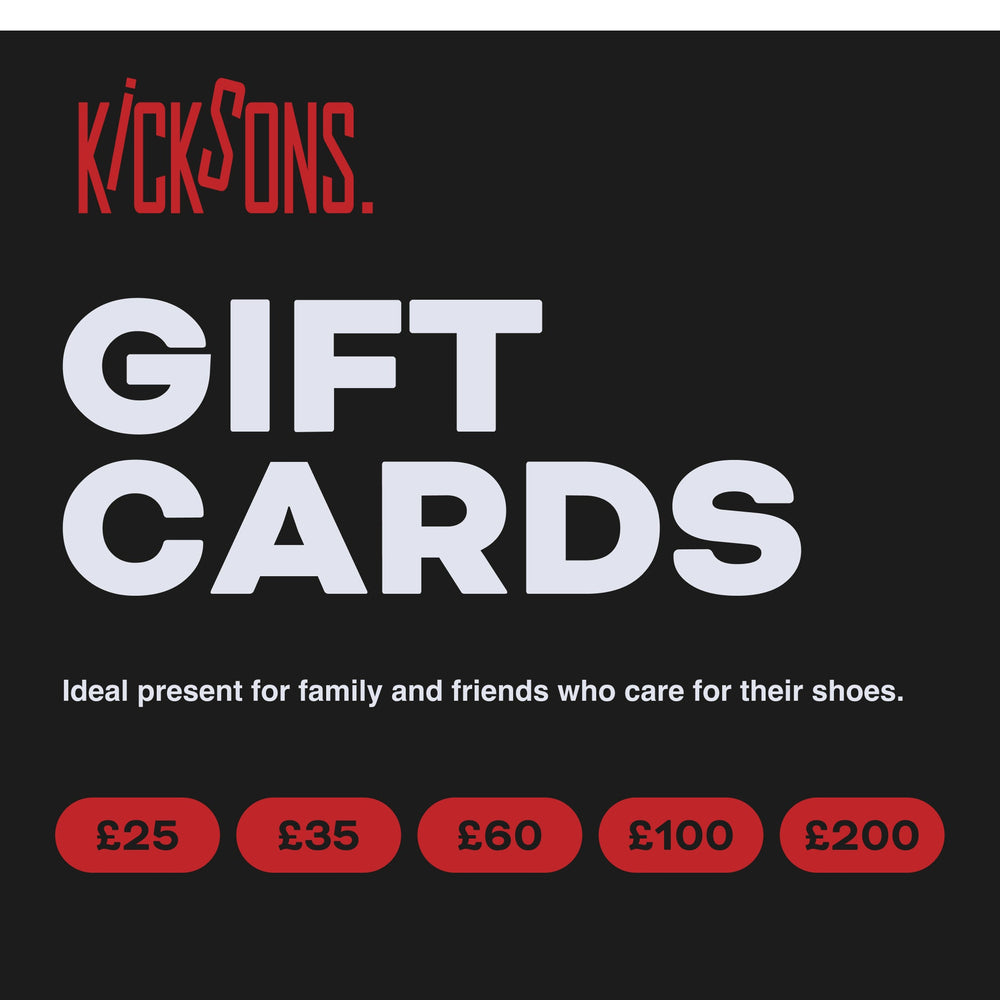Gift cards ranging from £25 to £200+ for shoe care enthusiasts, ideal for family and friends, by Kicksons.