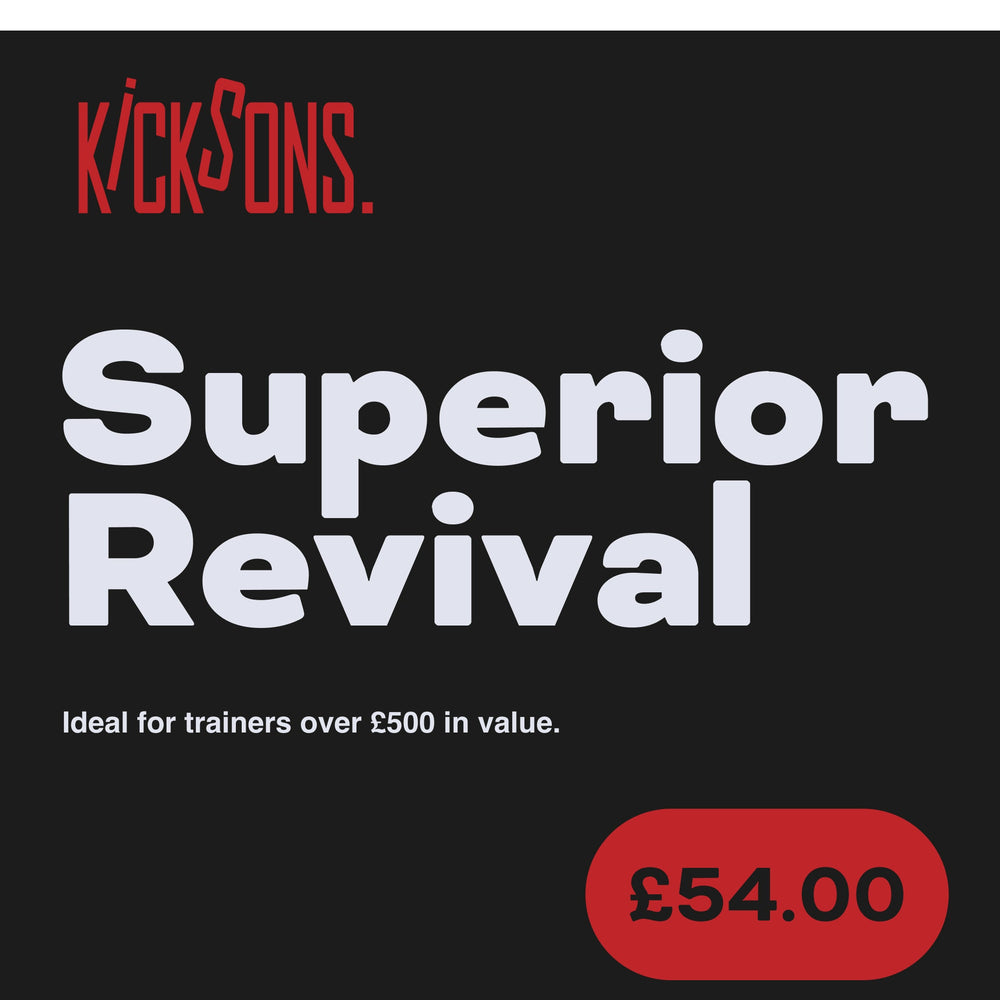 Superior Revival service for high-value trainers, featuring custom detailing, shoe trees, and water repellent