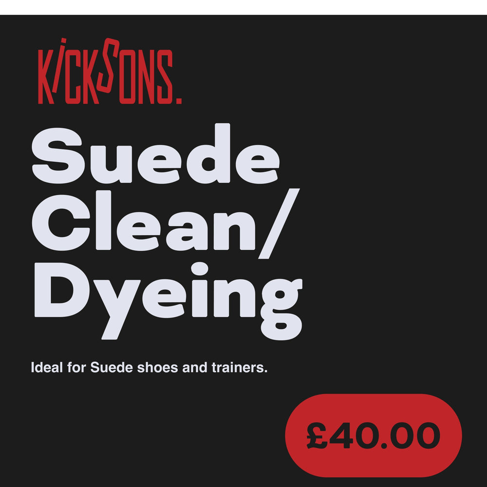 Suede cleaning and dyeing service for shoes and trainers, with deep cleaning, deodorizing, disinfection, lace cleaning, and colour restoration, 