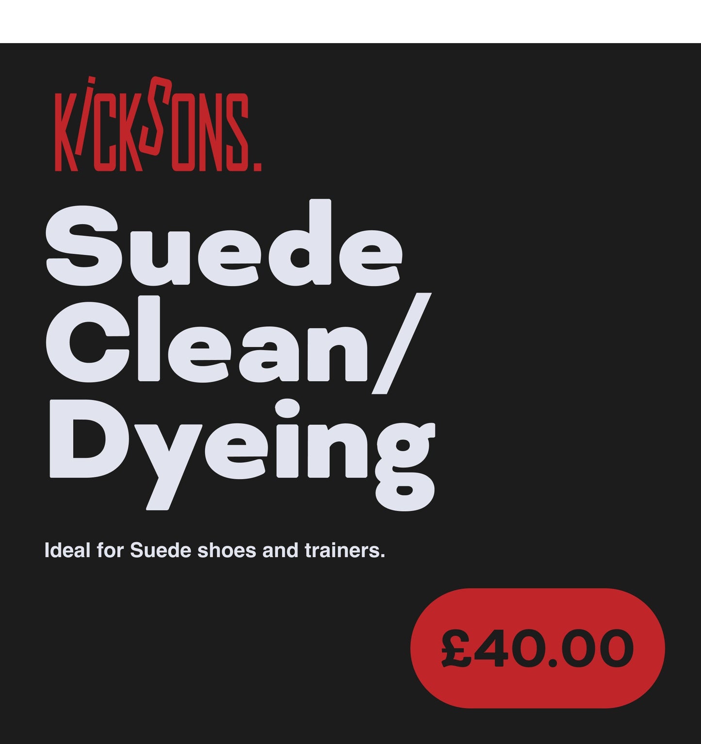 Suede cleaning and dyeing service for shoes and trainers, with deep cleaning, deodorizing, disinfection, lace cleaning, and colour restoration, 