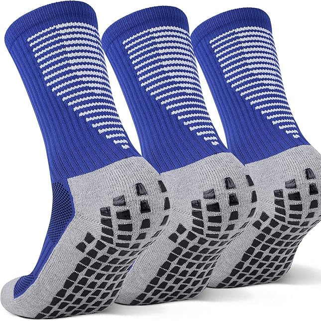 Blue grip socks with non-skid soles, ideal for sports and slick surfaces.