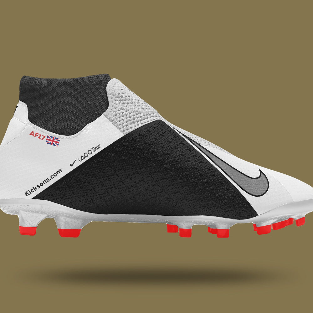 Custom football boot with personalized ID and UK flag design.
