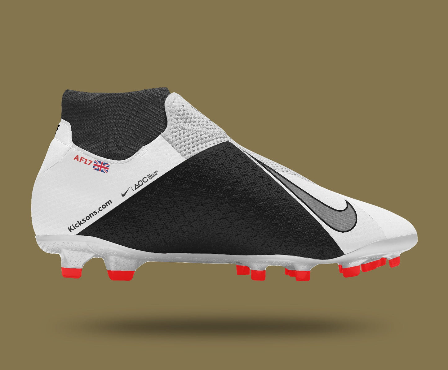 Custom football boot with personalized ID and UK flag design.