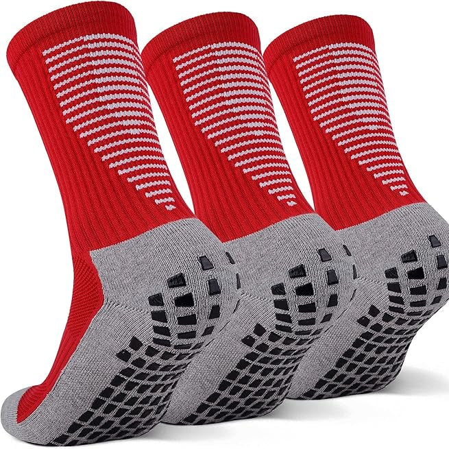 Premium non-skid grip socks with red and gray design, anti-slip sole for sports and daily use.